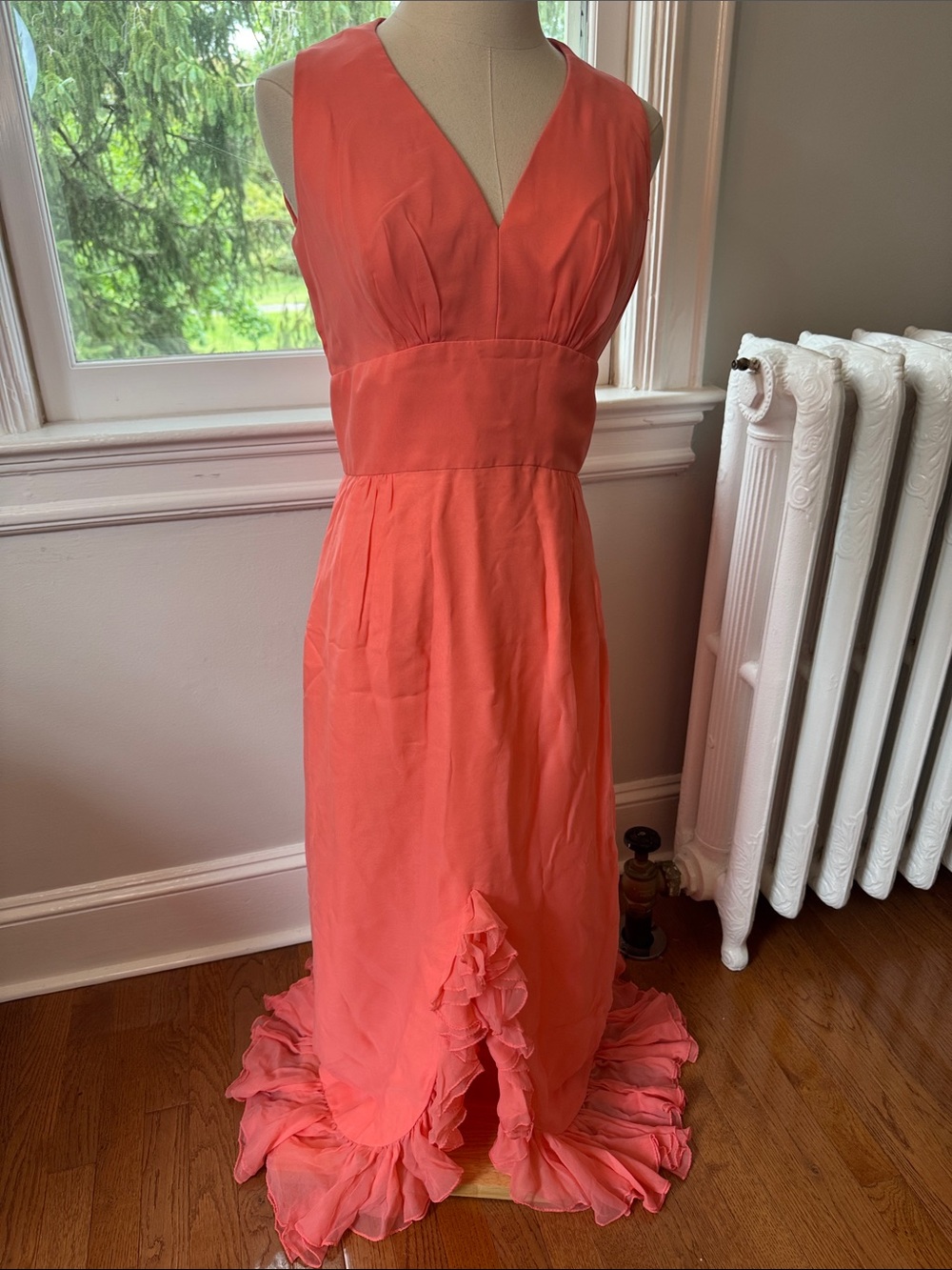 Vintage Coral Sleeveless V-Neck Maxi Dress w/ ruffle hem